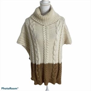 BCBGeneration Cable Knit Poncho Sweater One Size Tan Ivory Cream